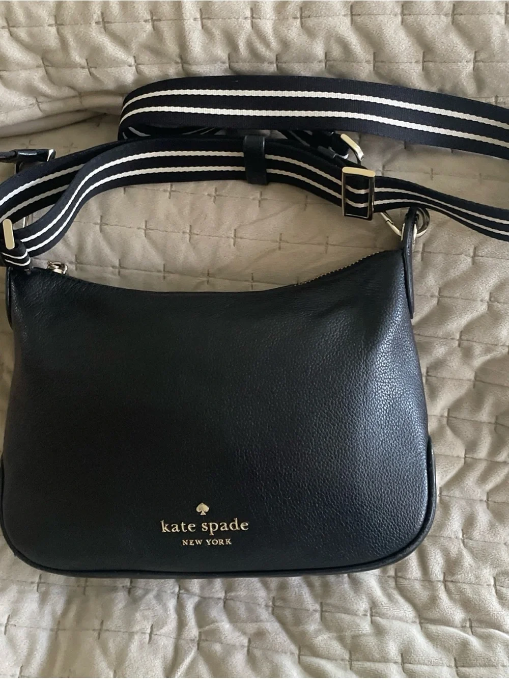 kate spade Black Pebbled Leather Crossbody with Striped Strap